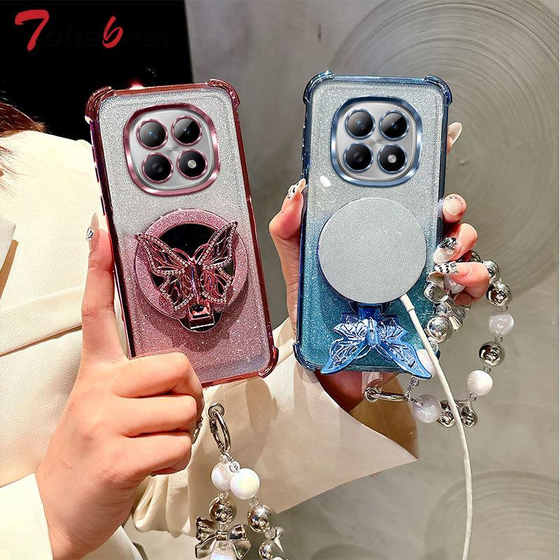 Glitter Shockproof Plating Butterfly Mirror Bracelet Case For Xiaomi Redmi Note 15 15C 14 14C 13 13C 12 11 Pro Plus 4G 5G Cover
