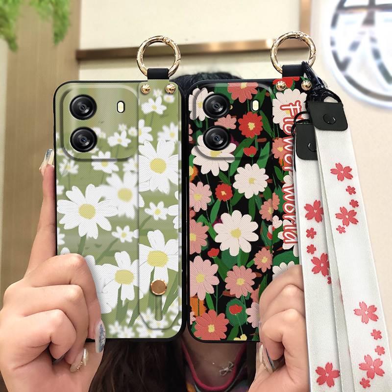 Protective Anti-dust Phone Case For Blackview Wave 6C Kickstand Ring Lanyard Soft Case Phone Holder Anti-knock Flower