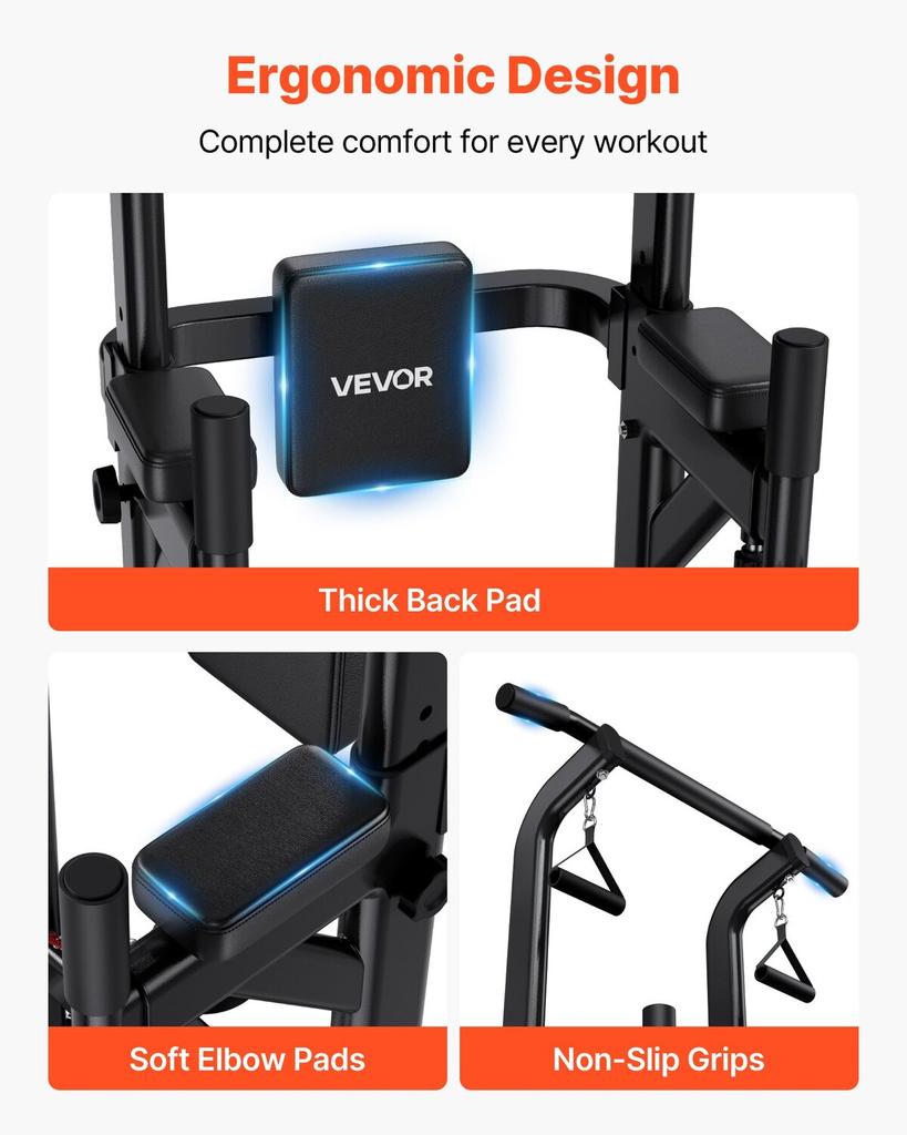 Pull Up Bar, 150kg Power Tower Dip Station, Workout Dip Station with H-Shaped Stable Base & Back Pad, Adjustable 12 Level Height Free Standing Chin Up