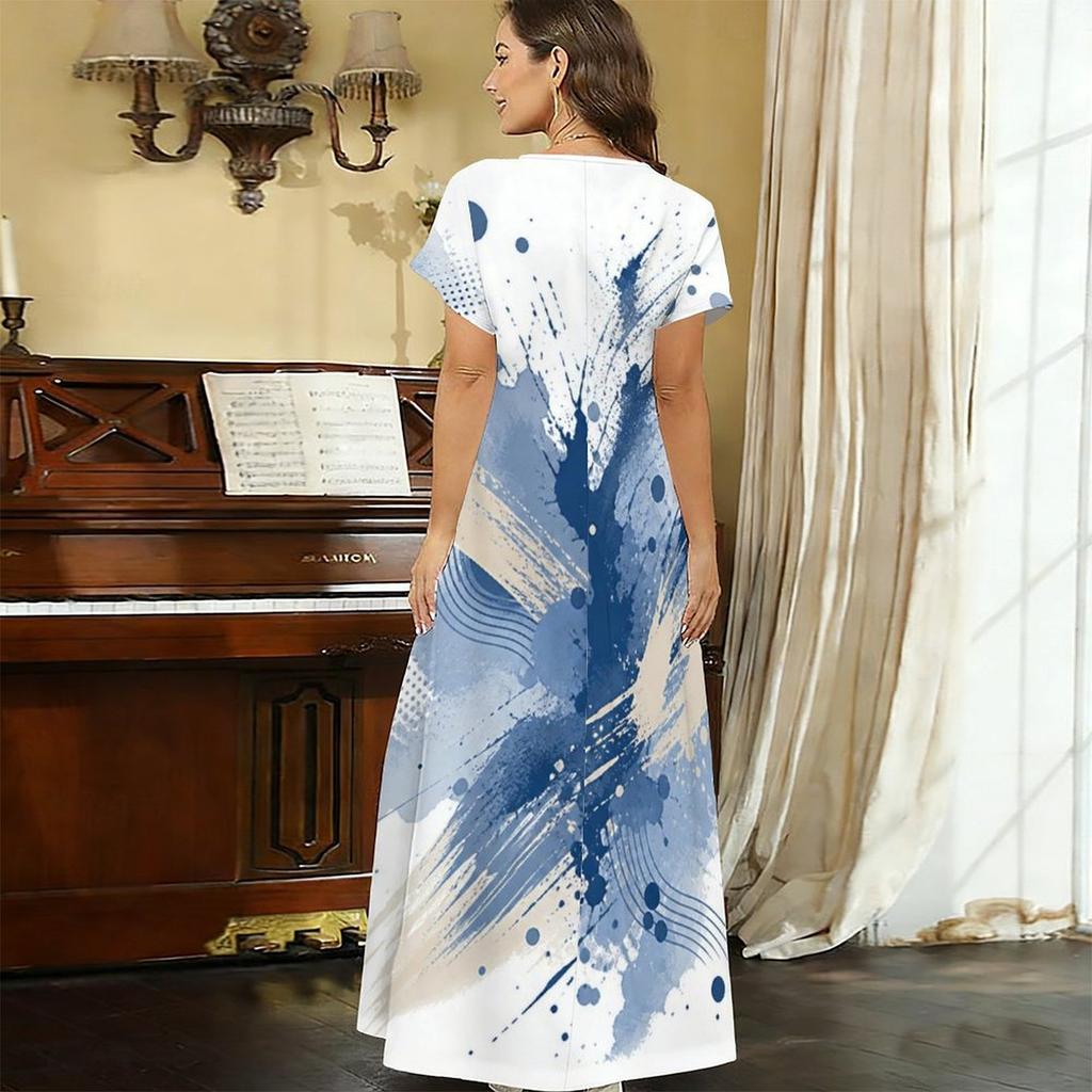 Women Plus Size V Neck Short Sleeve Abstract Printed Blue Beige White Long Maxi Dress