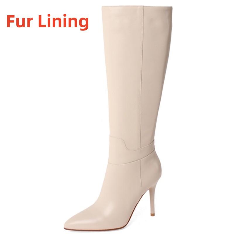 Genuine Leather Women's Knee High Boots Black Pointed Toe Thin Heel Zipper Chelsea Winter Shoes Ladies Footwear Large Size 43