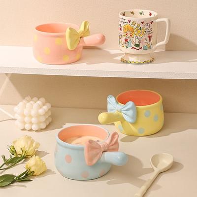 Cute Bowknot Ceramic Bowl with Handle, Aesthetic Salad, Dessert & Breakfast Oatmeal Bowl