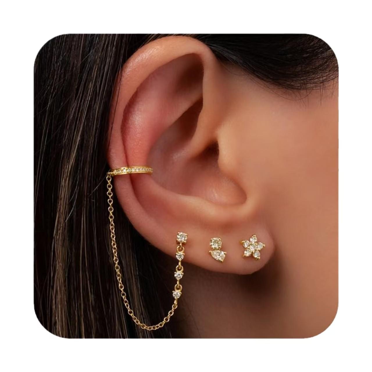 

Gold-Plated Brass Zircon Star Fashion Chain High-End Women s Earring Set
