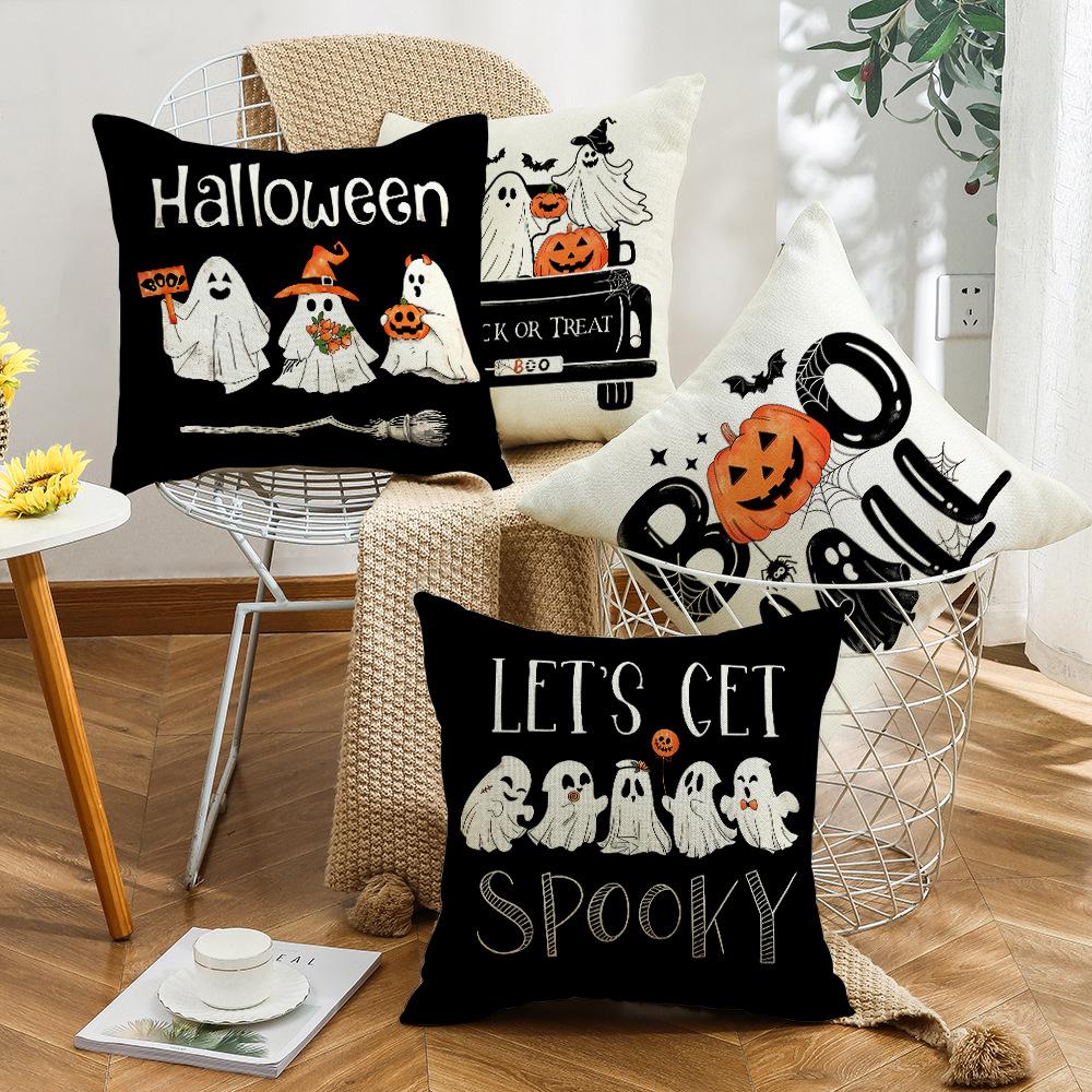 New Halloween Pillow Cover with Cute Pumpkin Ghost Element Letters Digital Print Decorative Pillow Cover