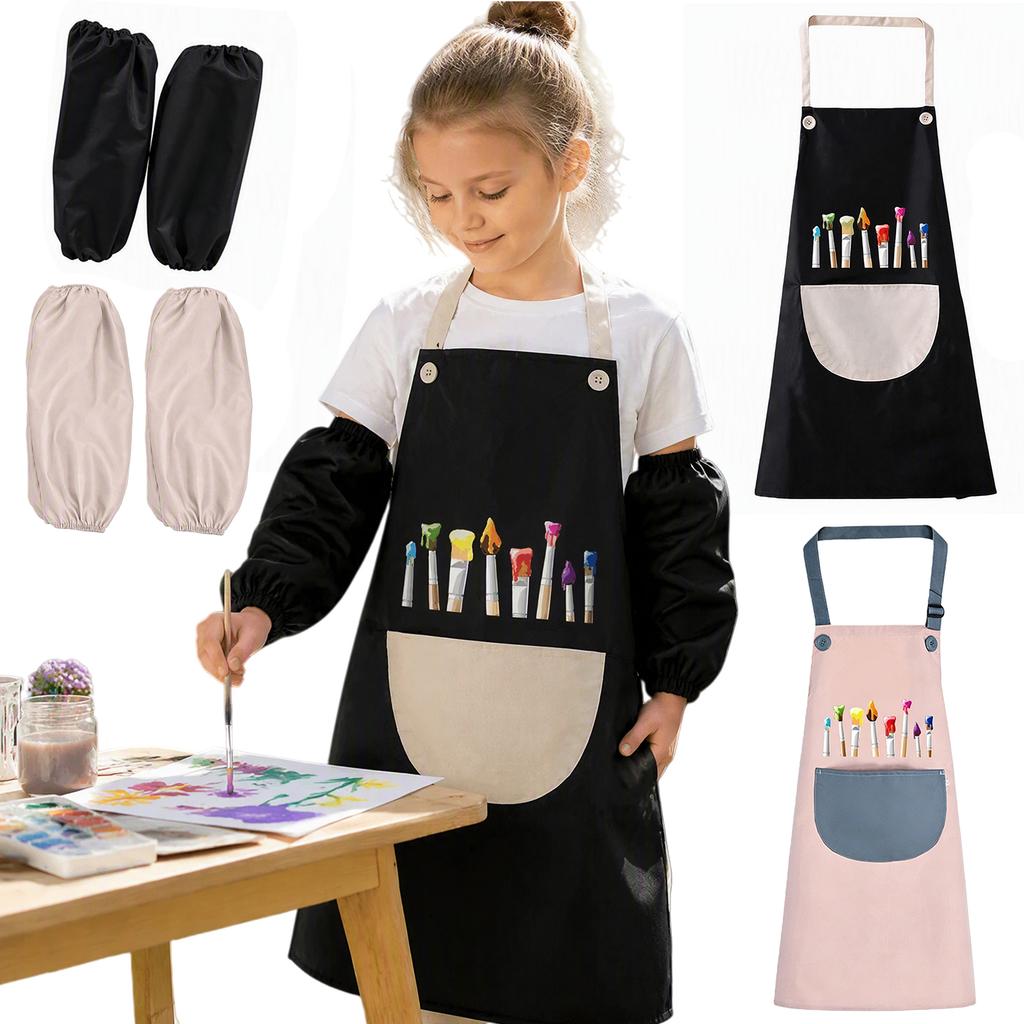 Youth Waterproof Painting Apron with Sleeve Covers Set Adjustable Neck Strap Art Smock for Boys Girls