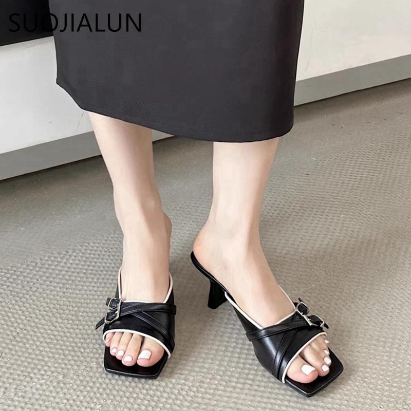 Fashion SUOJIALUN 2025 New Brand Women Slipper Fashion Square Toe Slip On Ladies Elegant Slides Square High Heel Outdoor Dress Sandal