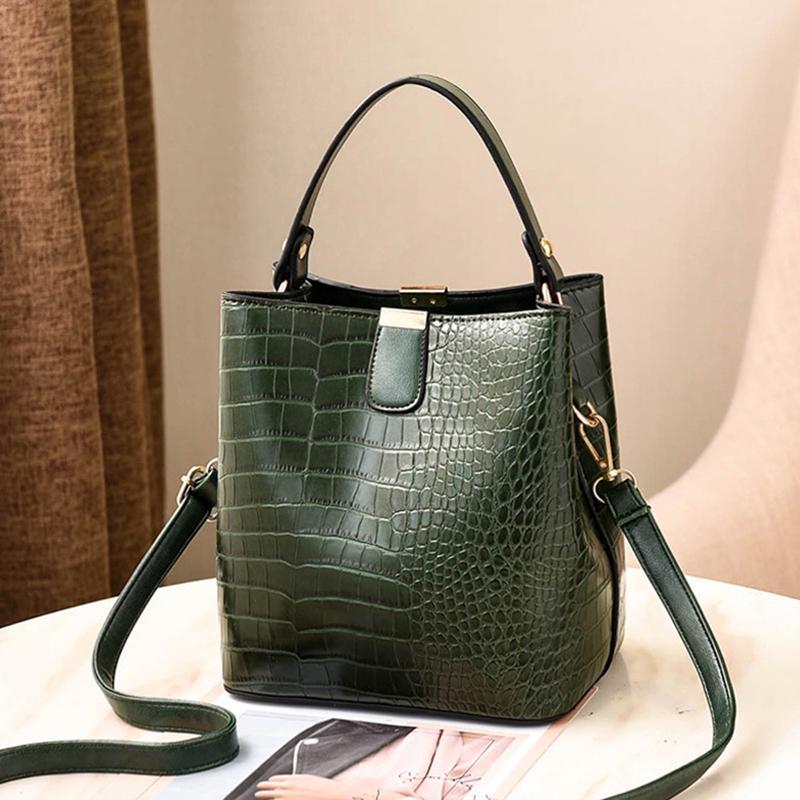 Women Crocodile Pattern Bucket Handbag Shoulder Messenger Bags Ladies PU Purse KTY
