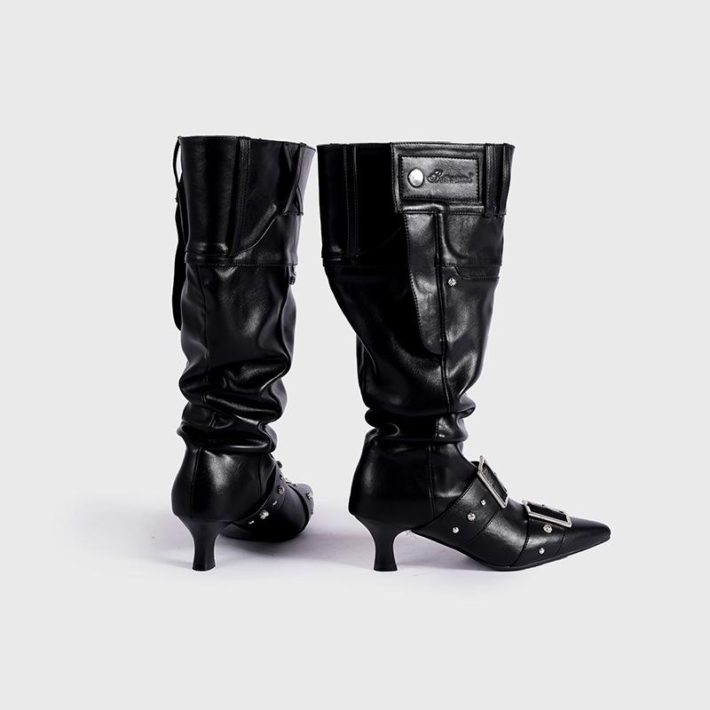New Heavy Industry Big Tube Circumference Fashionable Stacking Boots Long Boots Pleated Fashion Retro Polished High Knight Boots
