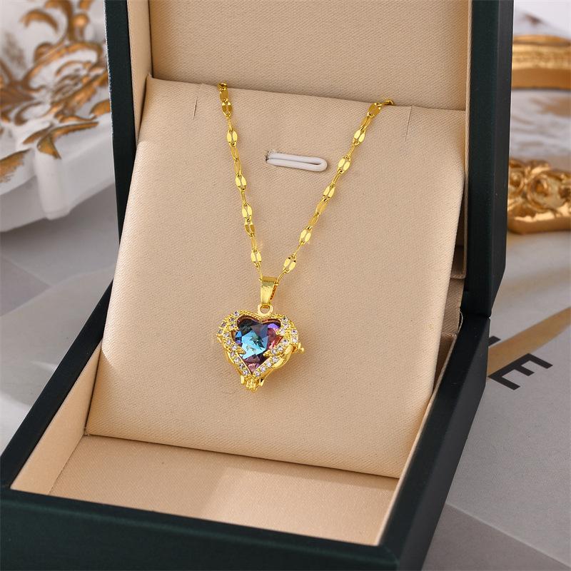Top Luxury Colorful Crystal Ocean Heart Pendant Necklace For Women Trendy 316L Stainless Steel Jewelry Female Wedding Neck Chain