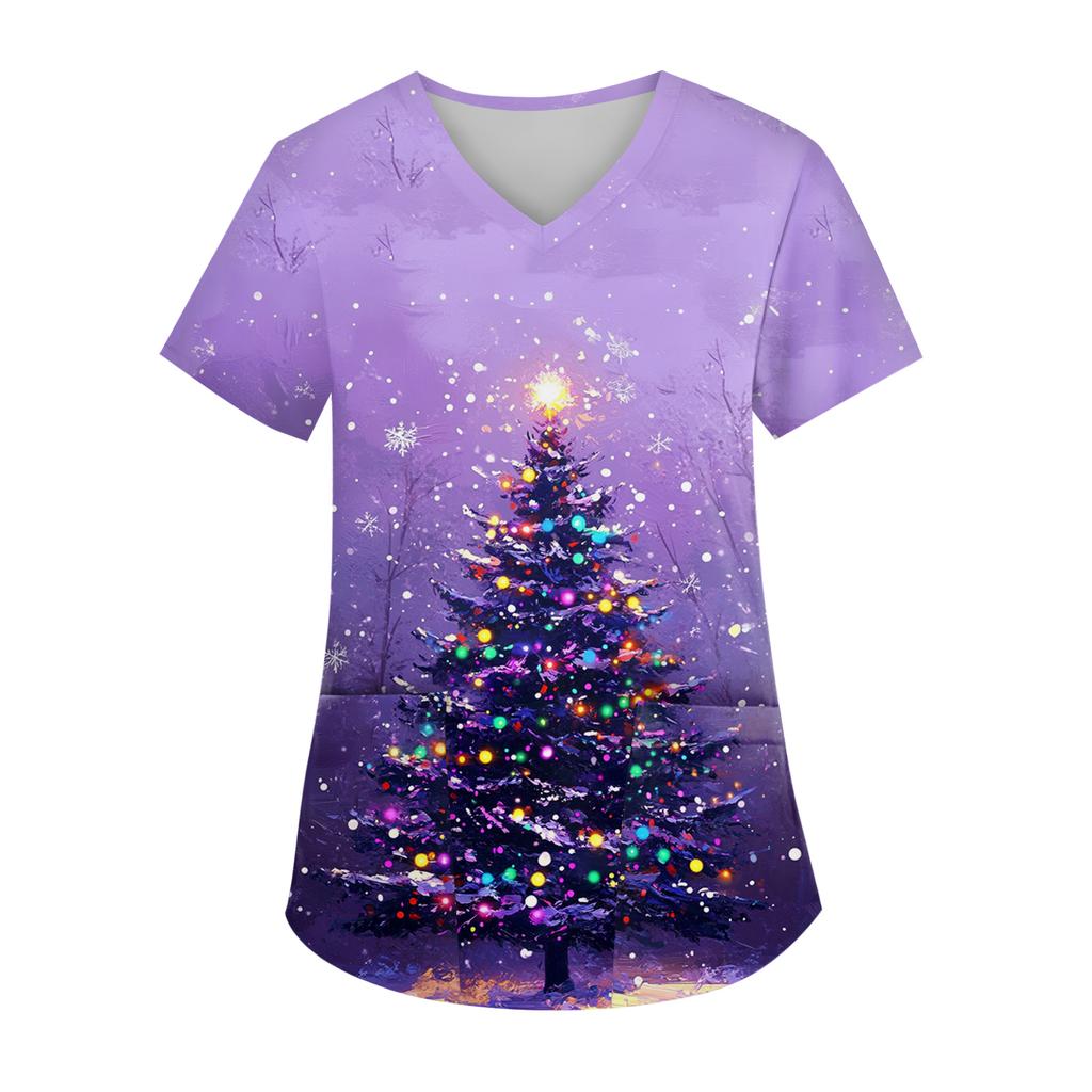 Women's V-neck Christmas Print Short-sleeved Pocket Side Slit Uniform Top