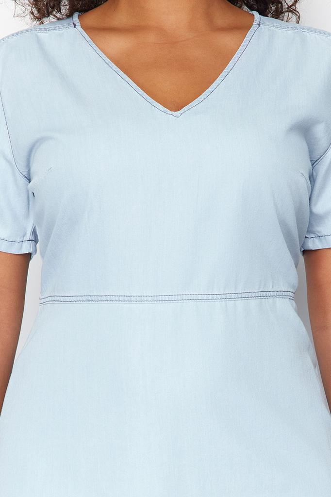 Women's Style Plus Size Light Blue V-Neck Tencel Mini Denim Dress