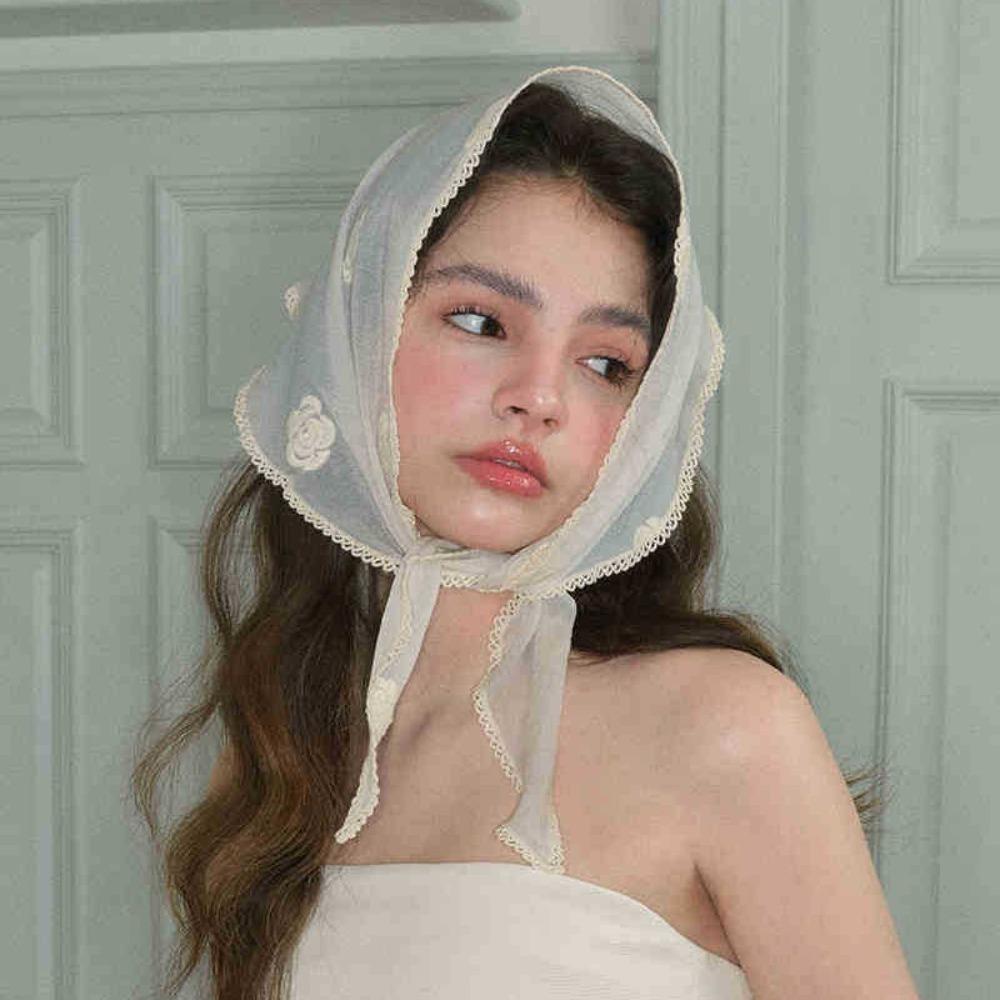 

Retro Headwear Flower Embroidered Headscarf Sweet French Rose Flower Flowers Headband Lace Rose Triangle Scarf Women бежевый