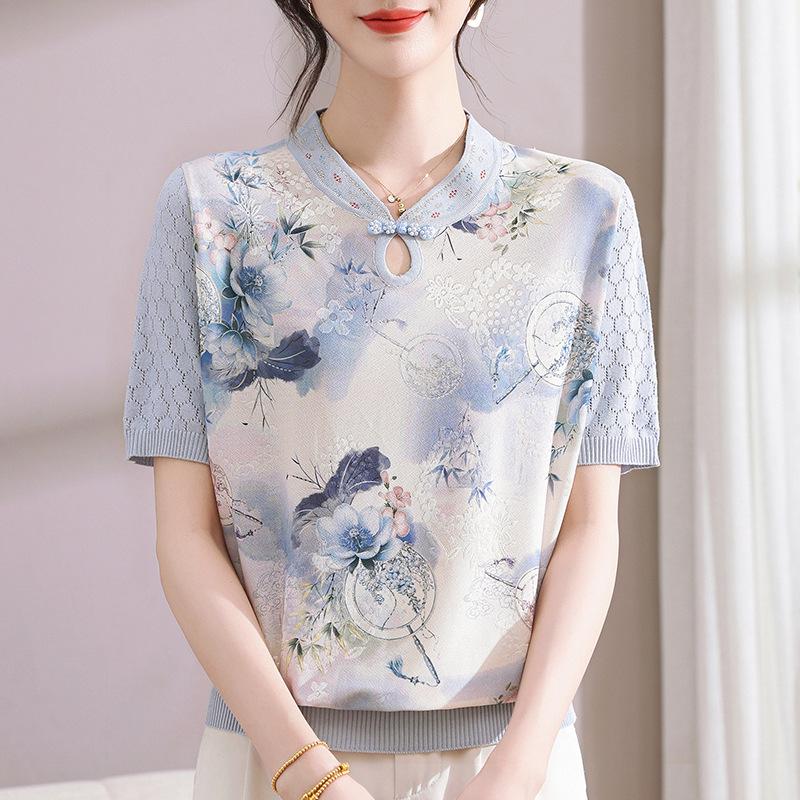 

Plus Size Ice Silk Chiffon Blouse - Summer Lapel Short Sleeve for Middle-Aged & Elderly Women, 2026 Mom s Wear XL (suggest 90-115 jin)