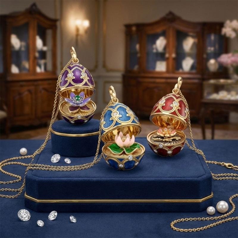 Enamel Egg Pendant Necklace with Hinged Opening, Collarbone Chain, Gold-Tone Chain, and Easter Outfit Styling for Women