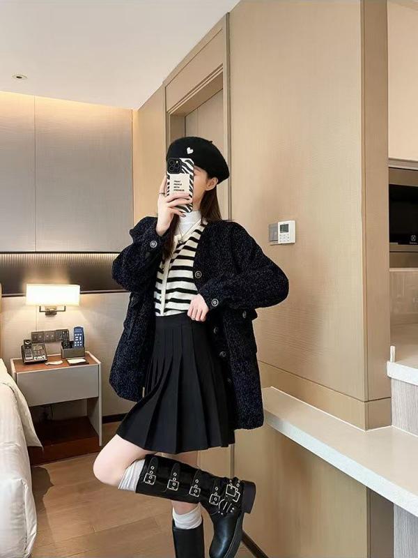 American Retro Plus Size High-Waist Wool Pleated Skirt for Women