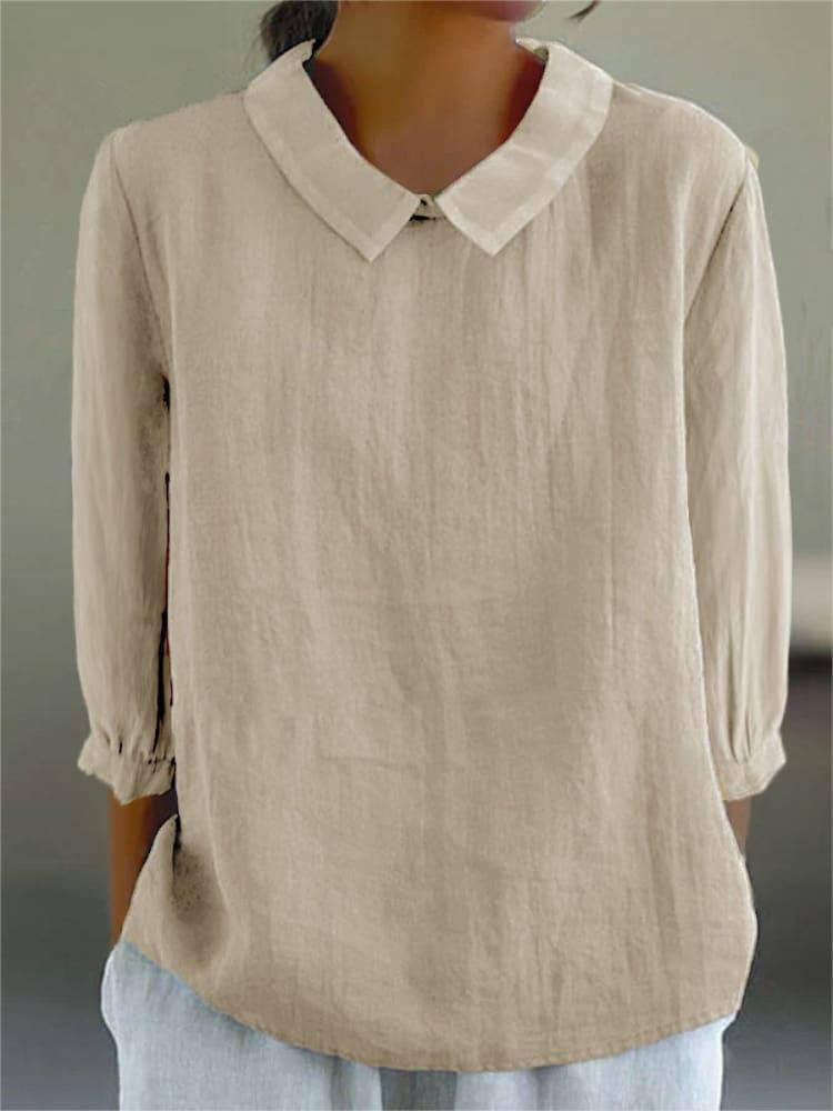 Women's Peter Pan Collar Cotton Blouse 3/4 Sleeve Loose Casual Pullover Shirt Summer Solid Textured Tunic Top
