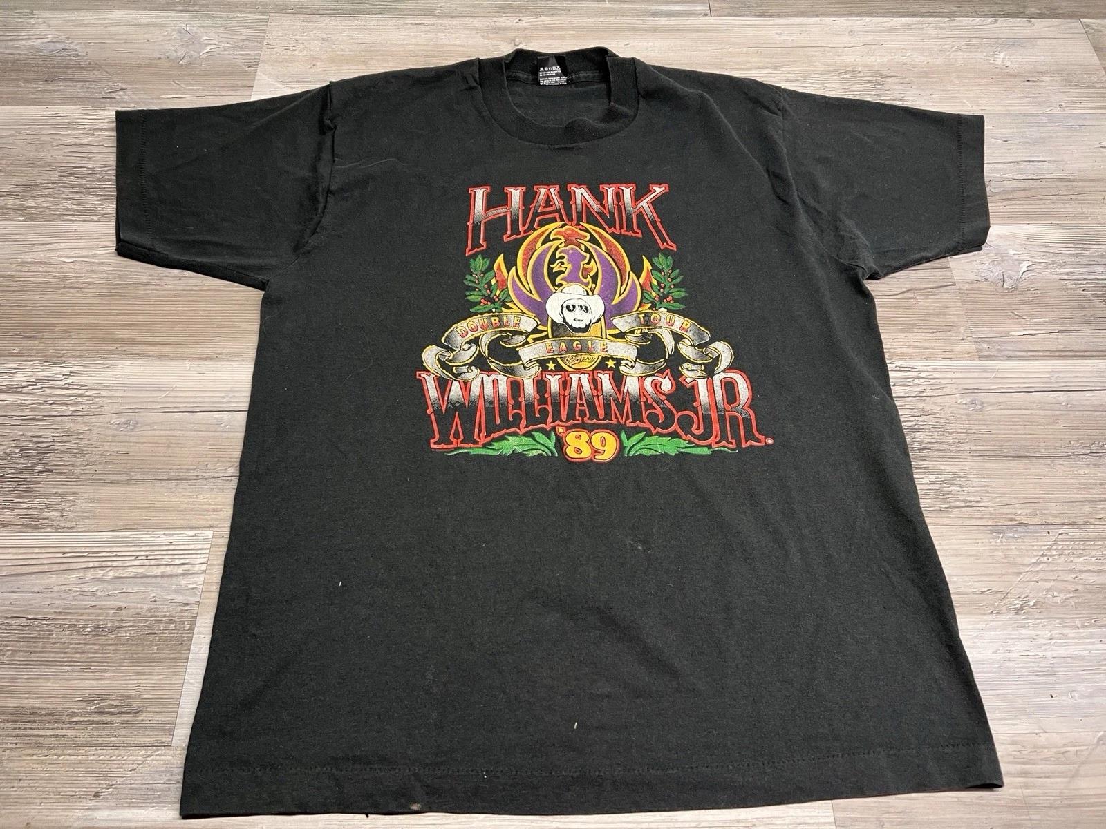 

Hank Williams Jr Double Eagle Tour Shirt 1989 Single Stitch Slight Fade Tag XL M