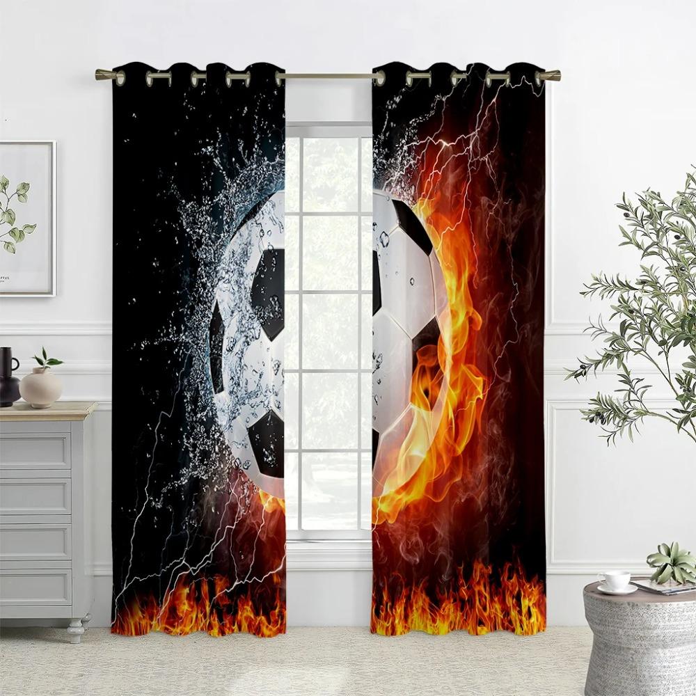 Cooles Wasser und Feuer Fußball Heißblütig 3D-gedruckte Vorhänge Geeignet für Schlafzimmer Wohnzimmer E-Sports Dekorative Vorhänge 2 Stück