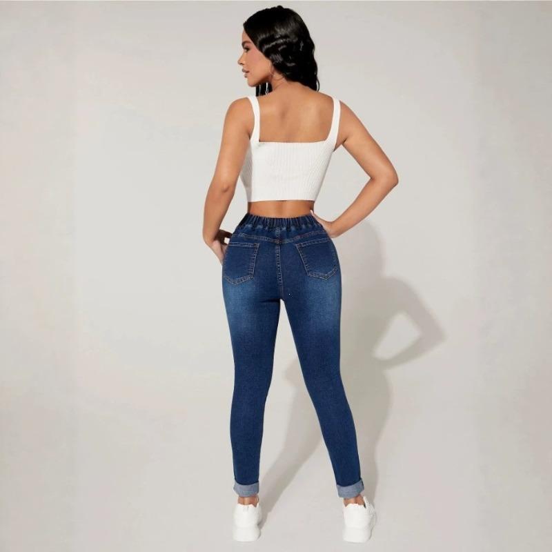 Women's nine-point jeans New drawstring elastic waist high elastic small foot jeans