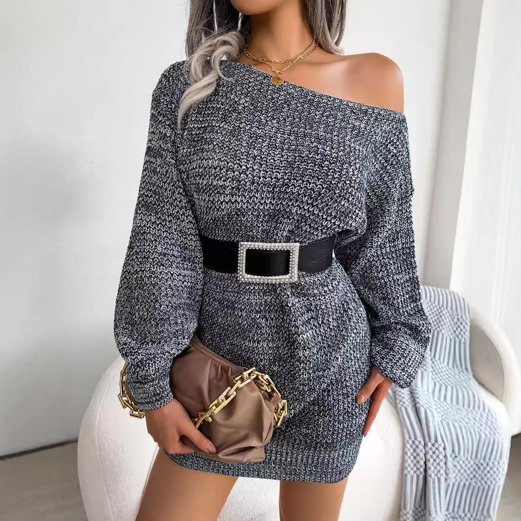 

Женский трикотажный свитер-платье с открытыми плечами и рукавами-фонариками, удлиненный свитер, зимние теплые трикотажные топы L чёрный