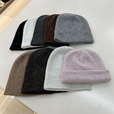 Thickened Silver Sequined Wool Double-layer Knitted Hat Children's Winter Warm Elegant Plain Literary Wool Stacking Hat