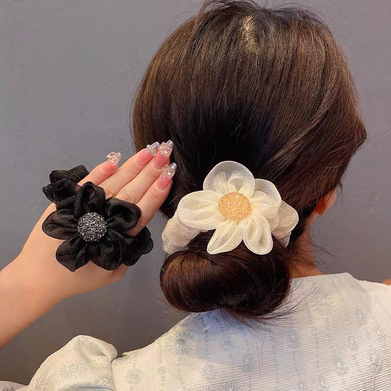 Korean Light Luxury Rhinestone Sunflower Mesh Scrunchie - Organza Elastic Hair Accessory for Women