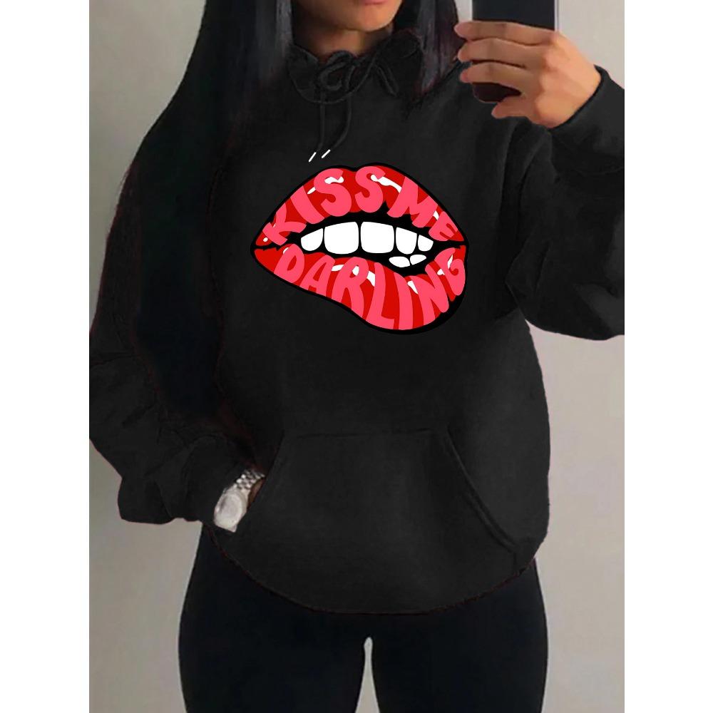 Kiss Me Darling Red Lips Print Hoodies Woman Autumn Fleece Hoody Casual Hip Hop Streetwear Loose Pullovers