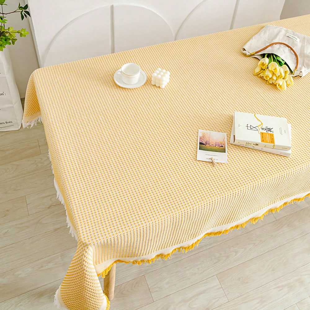 

1PC Cotton Blend Waffle Square Tablecloth with Tassels Country Cottage Style for Kitchen Dining Picnic Wedding 90*90cm жёлтый