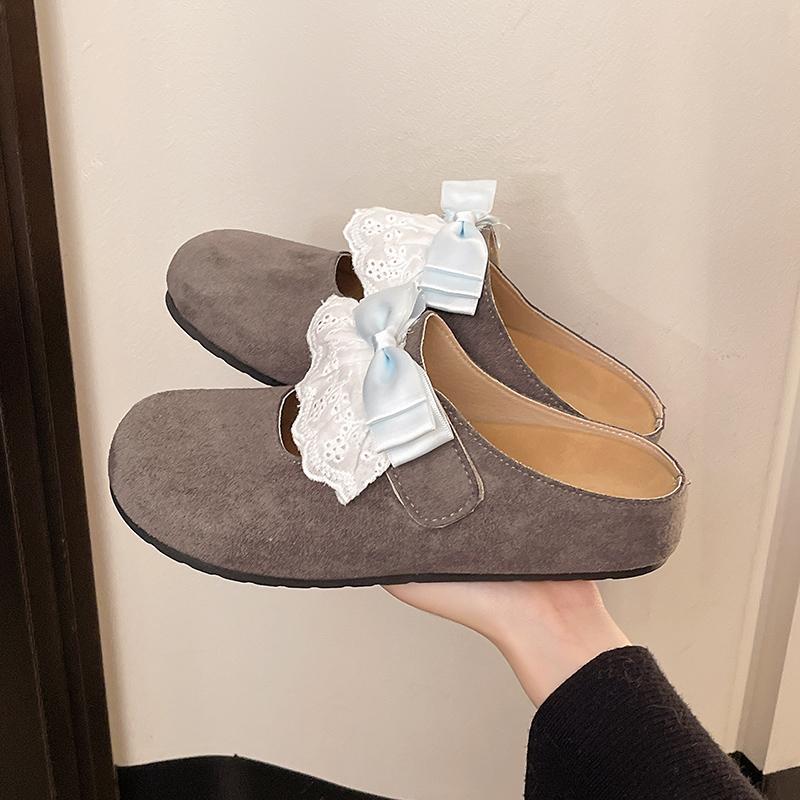 Modische Schleifen-Baotou-Slipper Herbst Neu Runde Zehenpartie Tiefer Ausschnitt Rutschfest Verschleißfest Flacher Boden Halber Mow