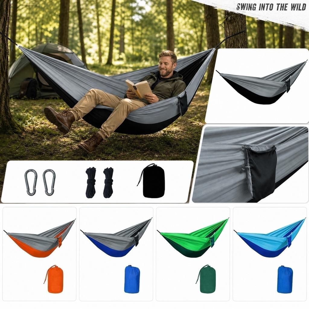 270x140cm Outdoor Camping Hammock with Breathable Mesh Fabric Lightweight Portable Swing Anti-Tip Design Includes Carabiners and Ropes