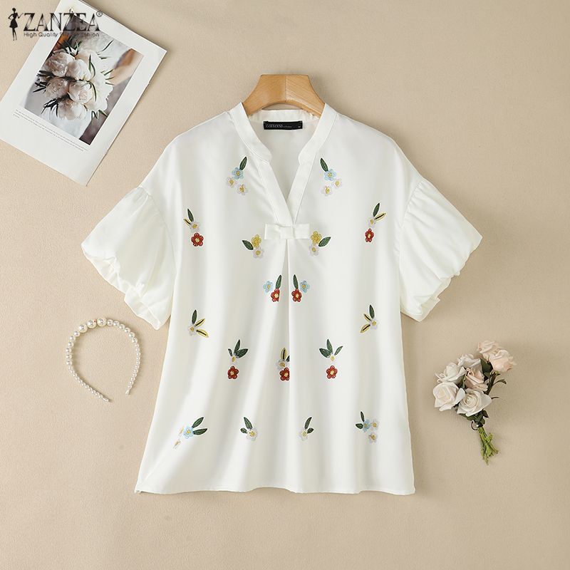 ZANZEA Women Casual V-Neck Loose Floral Print Short Sleeve Blouse
