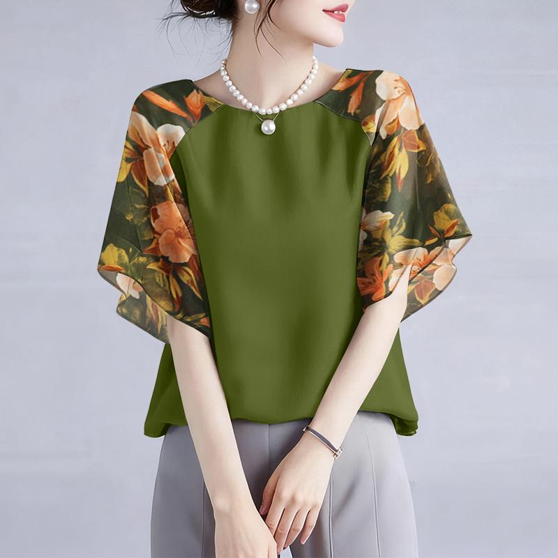 ZANZEA Women Casual Round Neck Loose Print Splice Half Sleeve Blouse