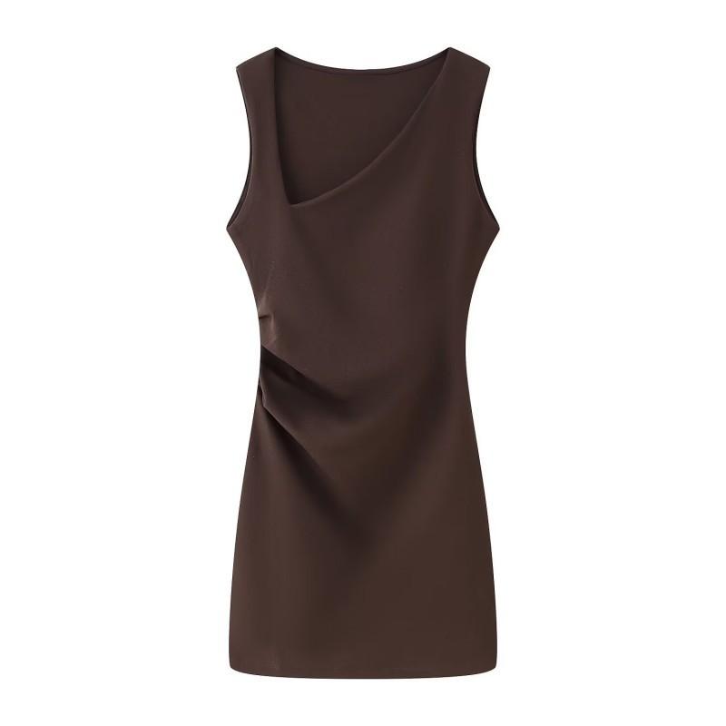 

European American Women s Clothing Summer Slim-fitting Oblique Collar Pleated Sleeveless Short Dress S