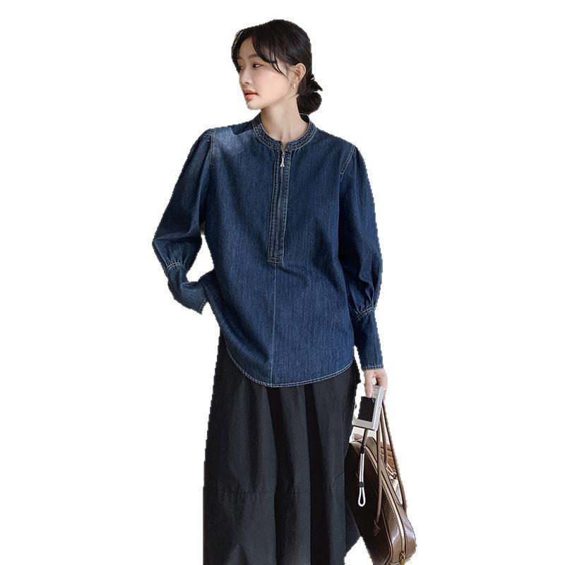 Women's 2025 Spring Retro Puff Sleeve Denim Shirt – Stylish, Unique, and Trendy Short Top