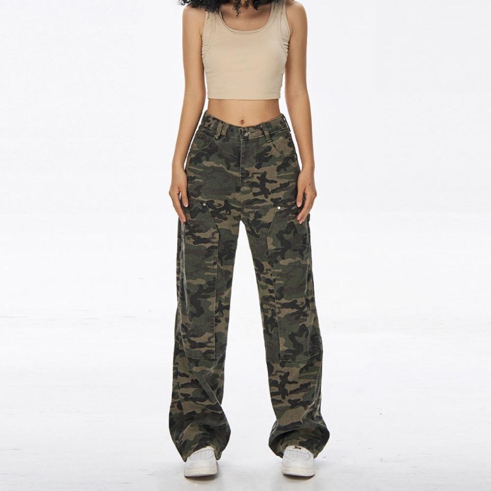American Camouflage Tooling Jeans Women's High-waisted Hiphop Hip-hop Sweet and Spicy Wide-leg Casual Straight Jeans