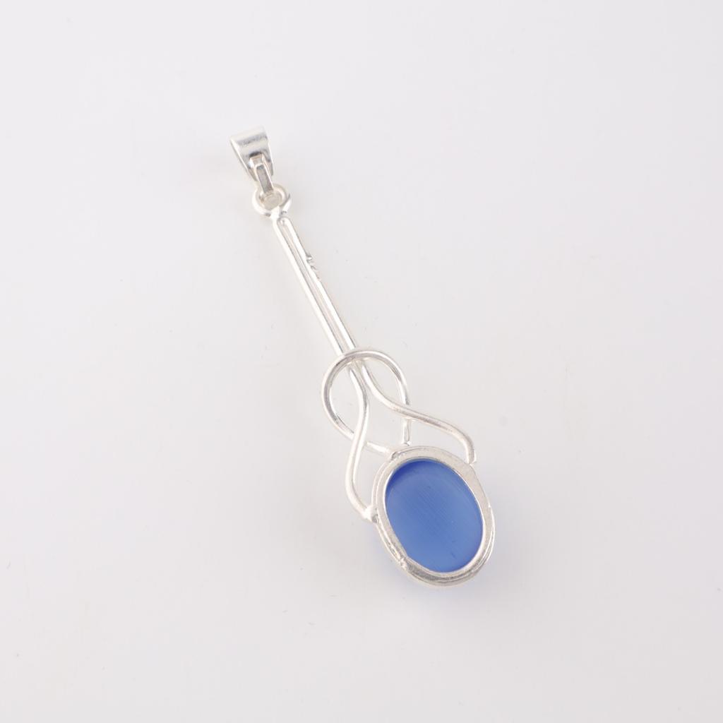 Natural Dark Blue Cat's Eye Gemstone 925 Sterling Silver Jewelry Pendant 1.79" PP-60-45