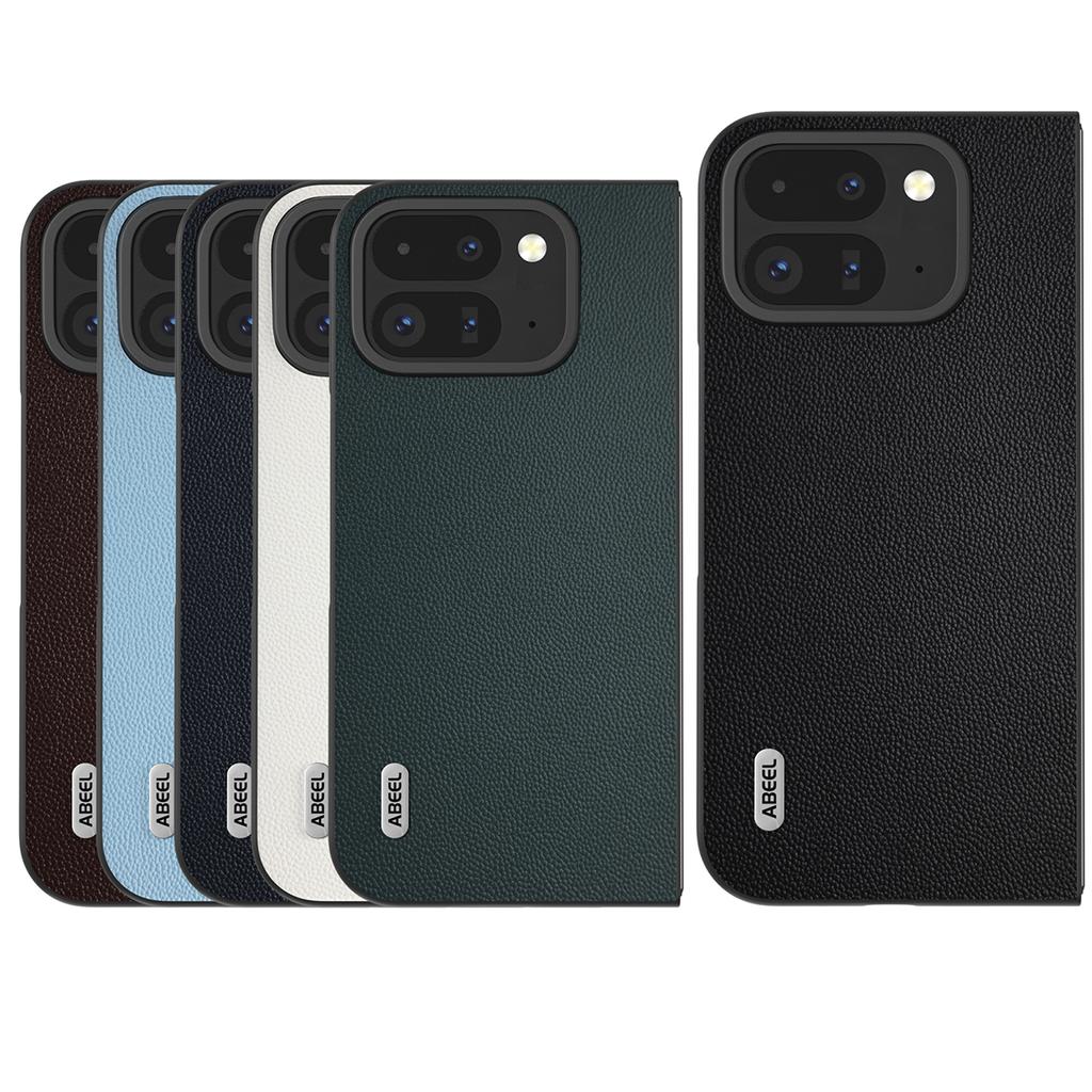 ABEEL For Google Pixel Fold 2 Case Genuine Cow Leather PC Phone Cover Black Edge