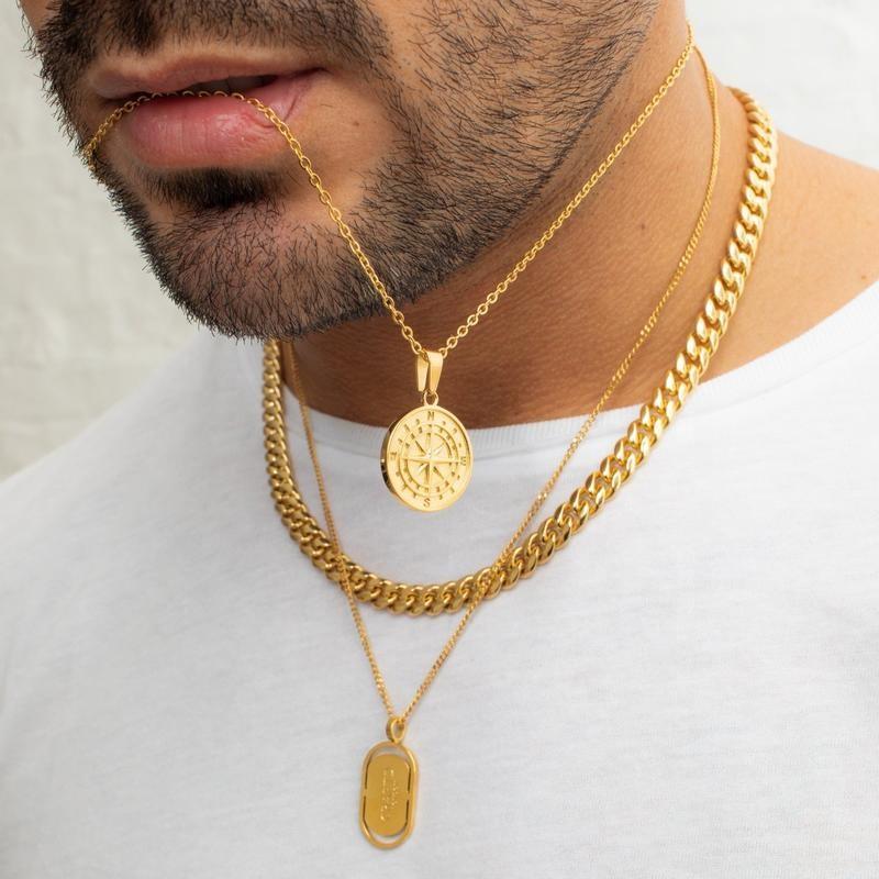 Compass Gold Pendent Stainless Steel Mens Jewelry Necklace