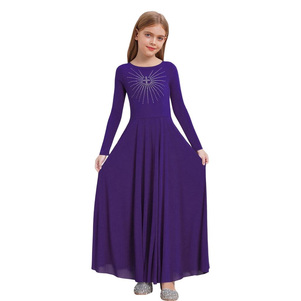 Glittery Rhinestone Church Choir Dress for Girls: Round Neck Long Sleeve A-line Maxi for Liturgical Worship Dance