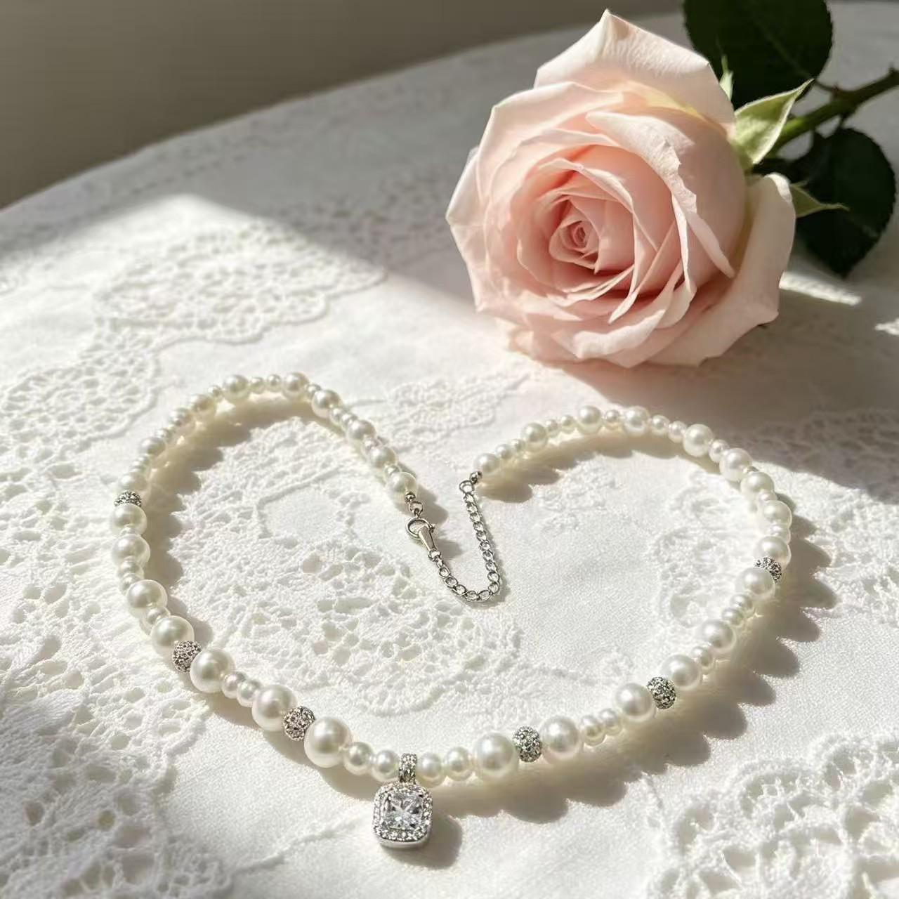 Elegant Square Diamond  Pearl S925 Sterling Silver Pendant Necklace 925 Silver