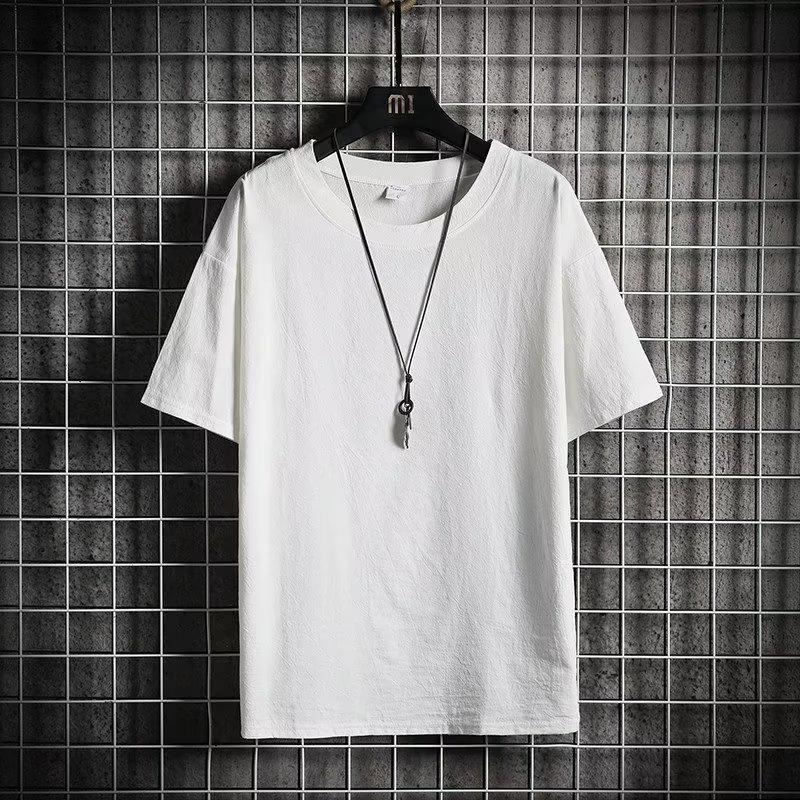 

Мужская летняя трендовая свободная футболка из смесовой ткани хлопка и льна с коротким рукавом, однотонная M белый