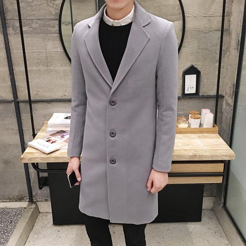 Men's Autumn Winter Wool Trench Coat, Korean Style Slim Fit, Mid-Length, Thickened for Warmth
