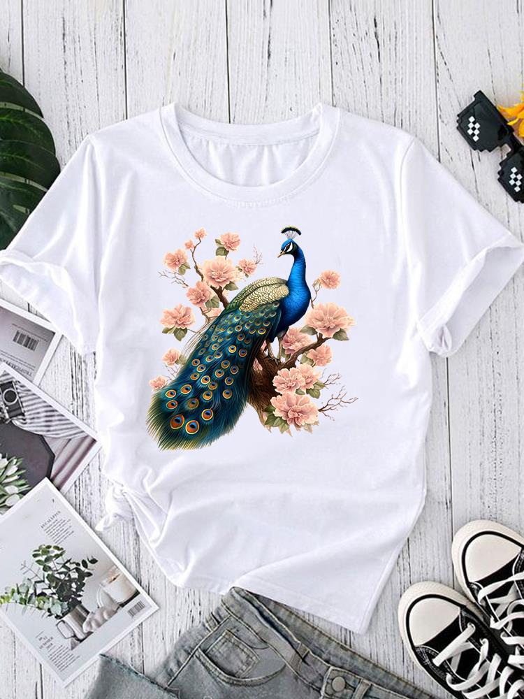 (Asian Size) O-neck Short Sleeve T-shirts Fashion Female Casual Clothing love heart flower Women's Top T shirt Printed Graphic Tee