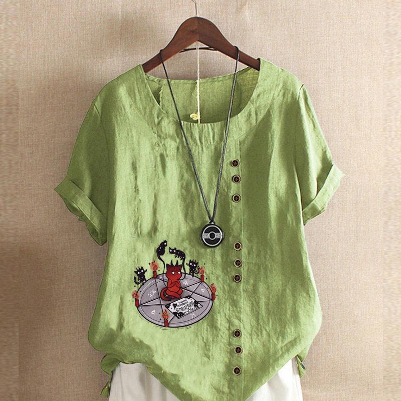 

Женская модная футболка с коротким рукавом и круглым вырезом, повседневная хлопковая льняная рубашка с рисунком, свободная летняя блузка с милым принтом CARTOON CAT для отдыха, топы 5XL зелёный