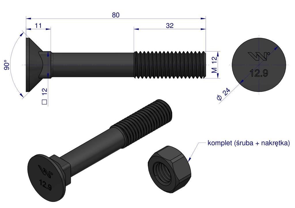 Śruba Kpl. Płużna Podsadzana D 608 M12X80 Mm Kl.12.9 Zastosowanie Gruber Waryński ( Sprzedawane Po 25 )