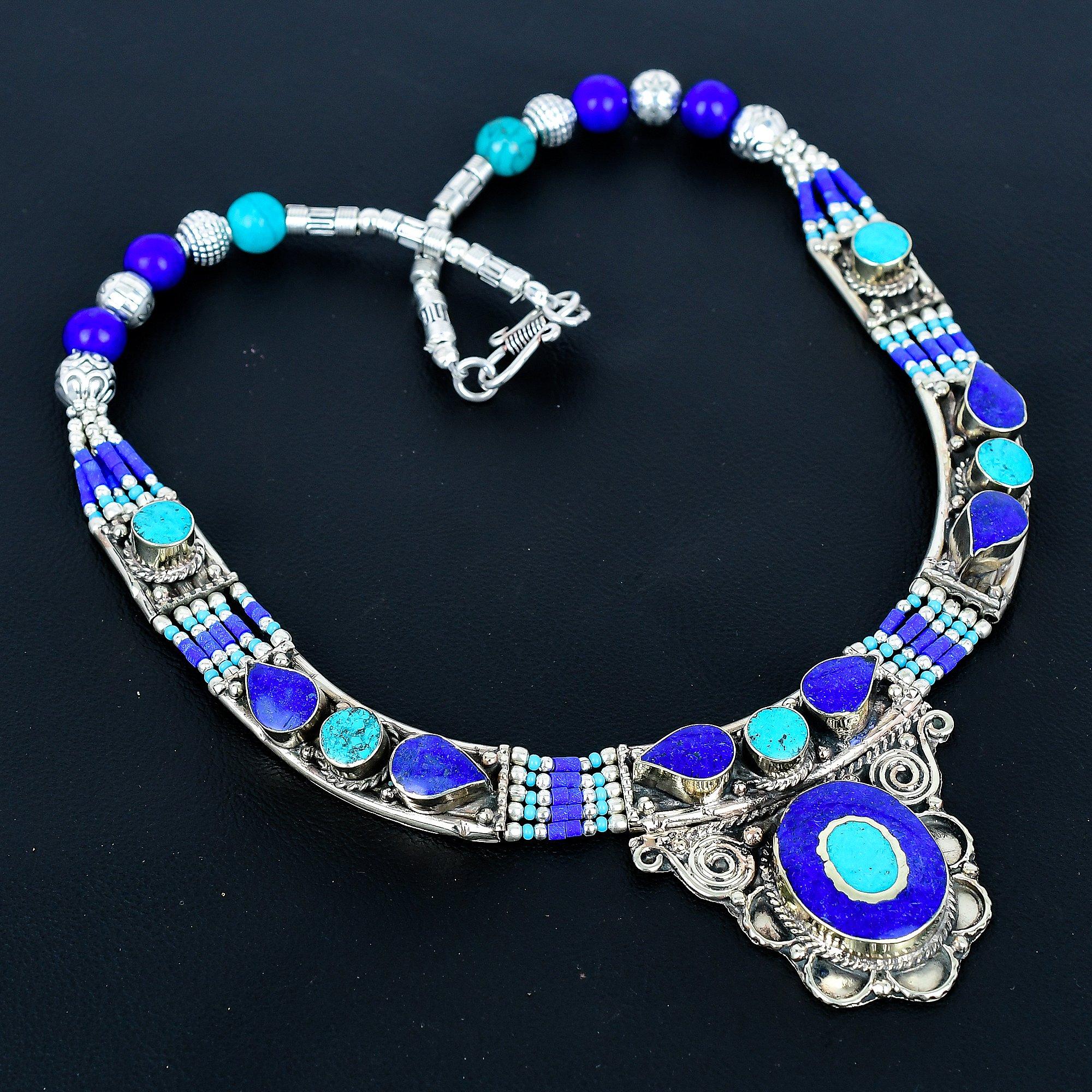 

Бирюза, Лазурит Ожерелье из стерлингового серебра 925 пробы Ожерелье из тибетского серебра Богемное антикварное ожерелье Ювелирные изделия ручной работы Непальское ожерелье Подарок для жены 20 синий