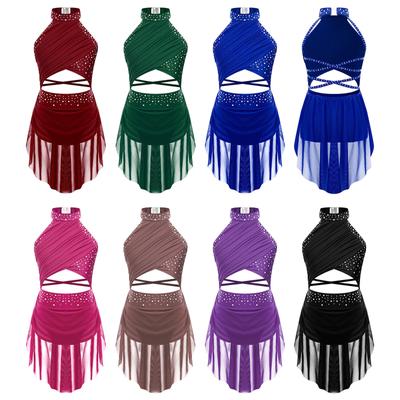 Barn Flickor Balett Lyrisk Latin Dans Föreställning Dräkt Glittrande Rhinestone Cutout Strappy Backless Overlay Leotard Klänning