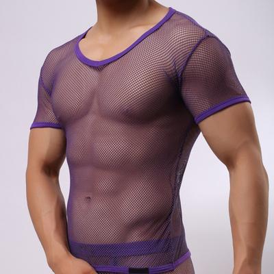 Men V-Neck Color Short Sleeve Hollow Tops Breathable Casual Style Tops