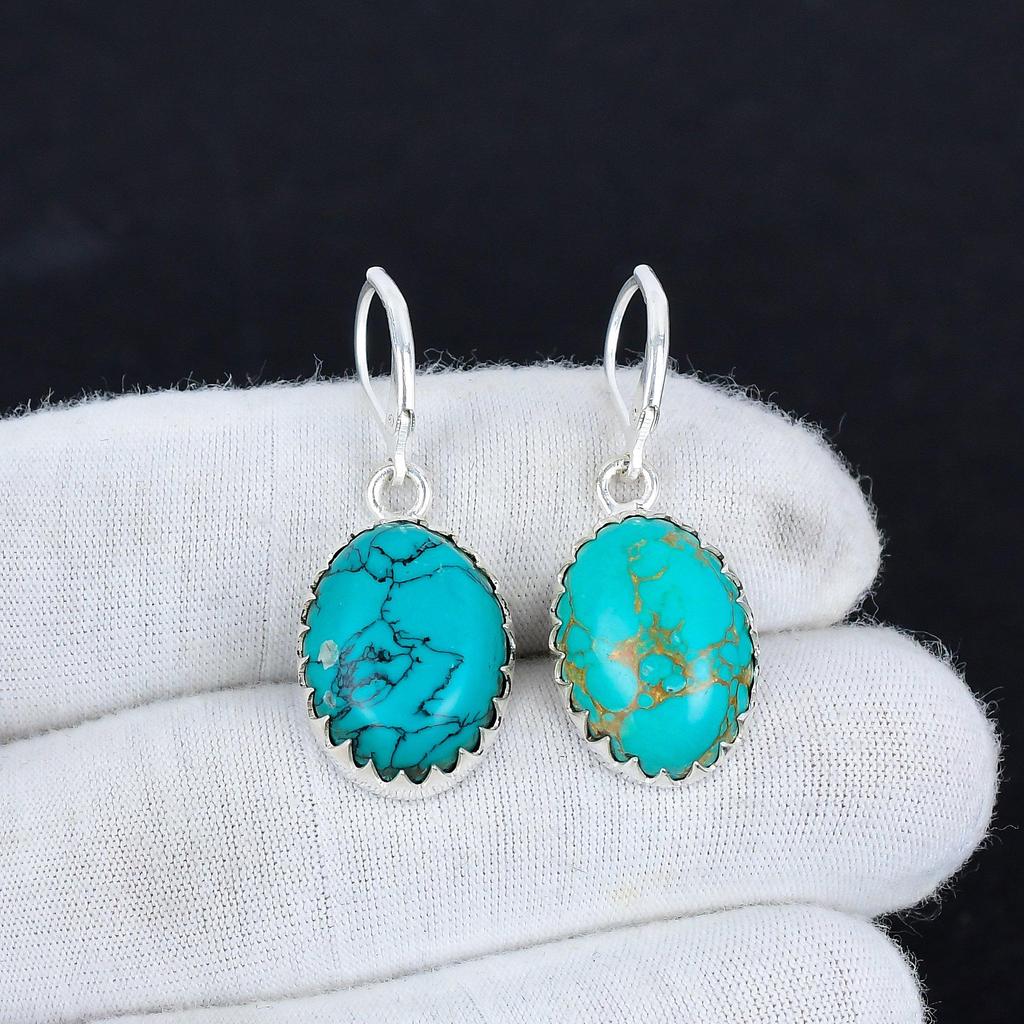 Boucle d'oreille en argent sterling 925 avec pierre gemme ovale turquoise naturelle, boucles d'oreilles pendantes bijoux bohèmes en argent, cadeaux pour la Saint-Valentin pour elle