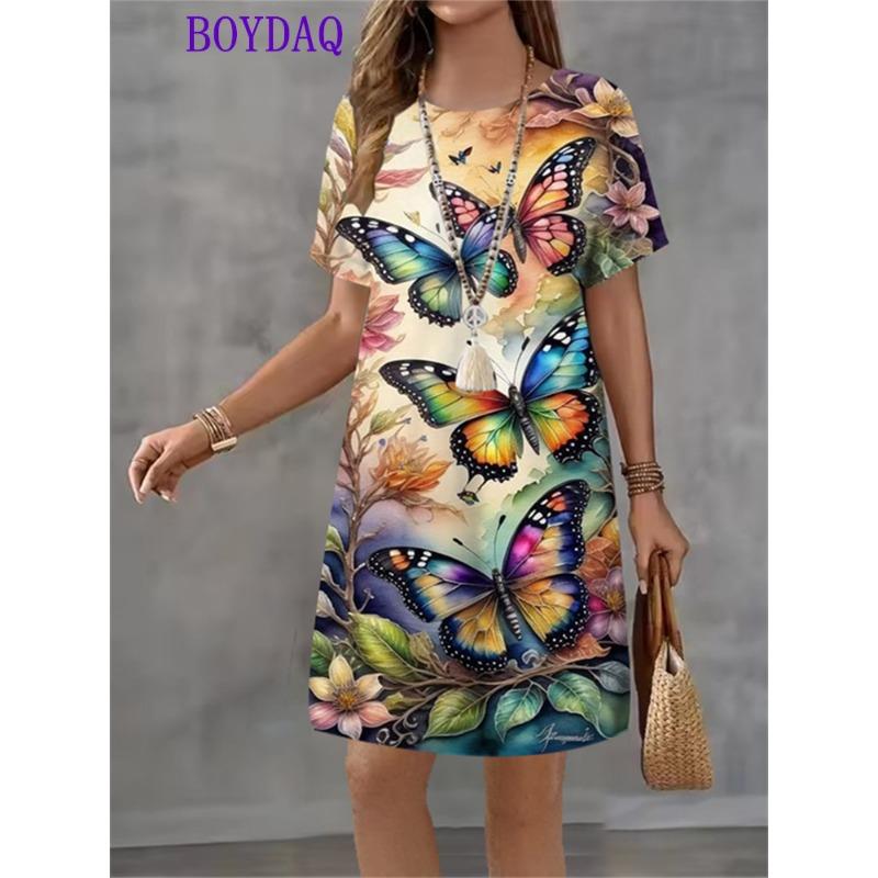 Vestito da Donna Stampa Farfalla Manica Corta Scollo a O Vestiti Moda Casual Harajuku Estate Autunno 2025 Abbigliamento da Festa Donna